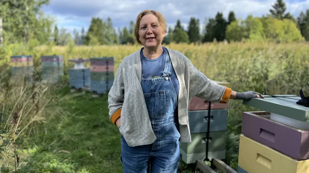 En kvinna i hängselbyxor står framför sina bikupor. 
