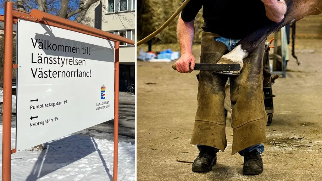 Bild på Länssytrelsens skylt samt genrebild på en hovslagare.