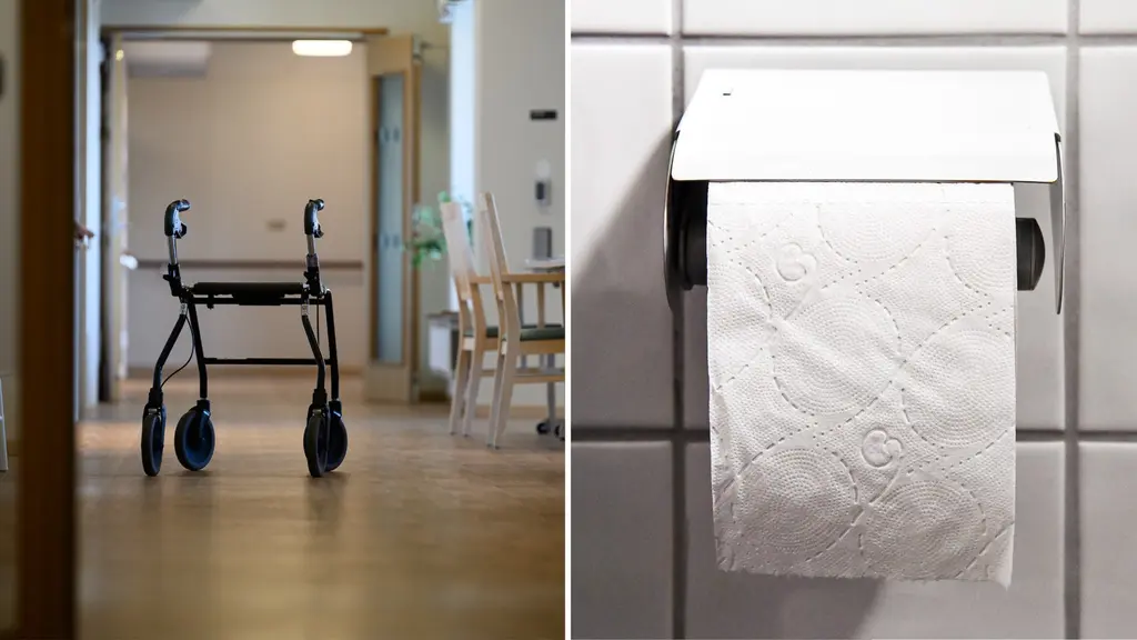 En rullator som står i en tom korridor på ett äldreboende till vänster och en toalettpappersrulle på en vit kakelvägg till höger.