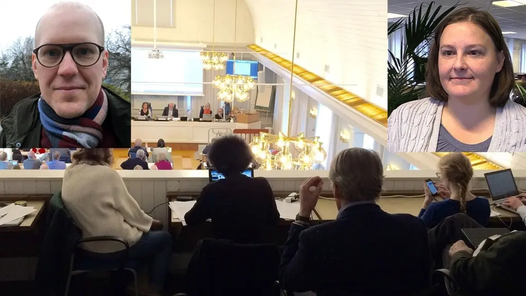 Bildkollage med porträtt på ledarskribent Marcus Bohlin (Sundsvalls tidning) och politiska redaktören Susanne Sjöstedt (Tidningen Ångermanland) infällda i bild från ett sammanträde i regionfullmäktige. Foto: Sveriges Radio/Privat