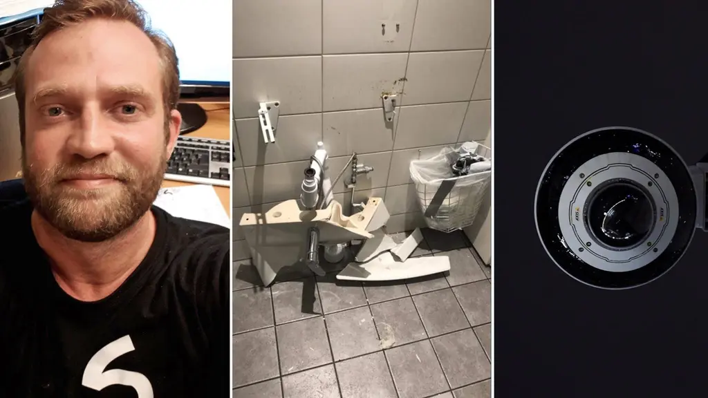 Jesper Rådbrink, vandaliserad toalett och kamera.