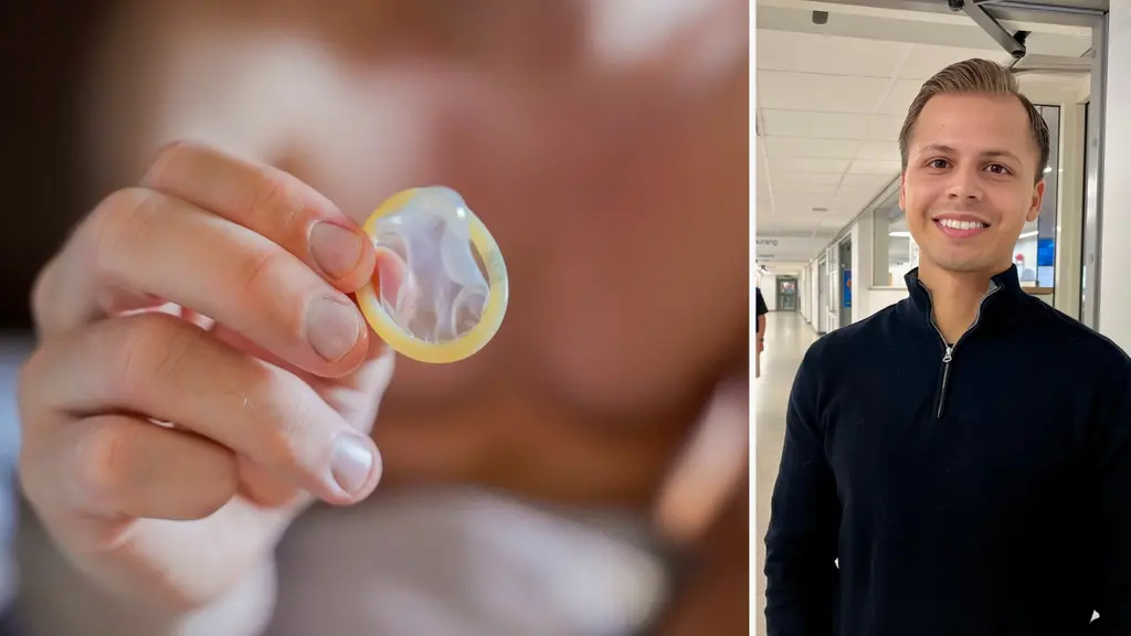 En hand håller upp en kondom i förgrunden, till höger en bild av en person i en mörk tröja står i en sjukhuskorridor.
