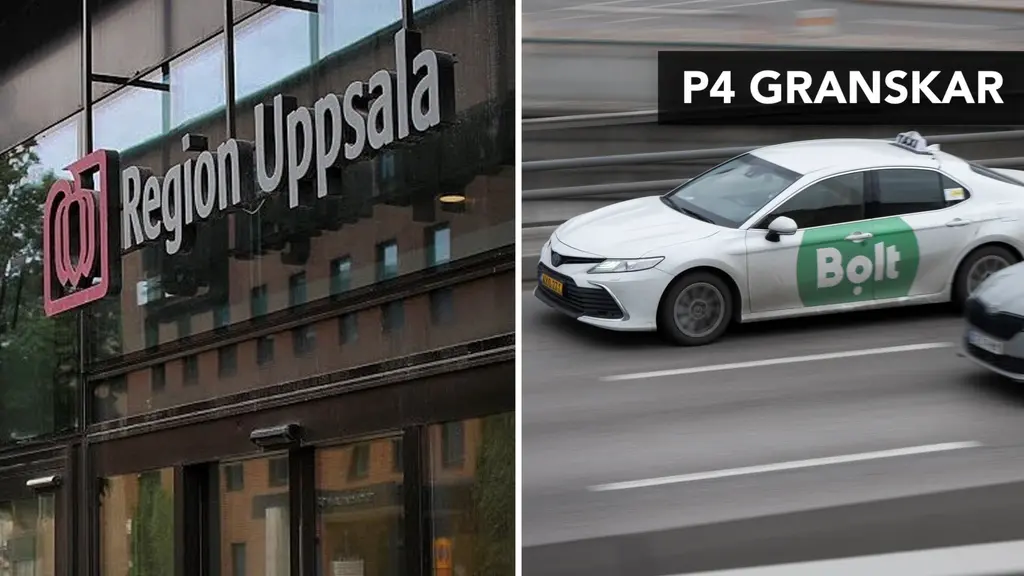 Vänster: Skylt med texten "Region Uppsala" på en glasfasad. Till höger en bild på en vit boltbil 
Höger bild: En vit taxi med grön Bolt-logga kör på en motorväg.