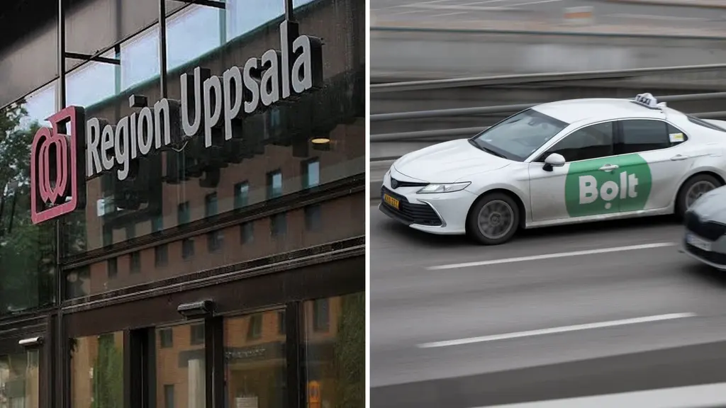Vänster: Skylt med texten "Region Uppsala" på en glasfasad.

Höger bild: En vit taxi med grön Bolt-logga kör på en motorväg.