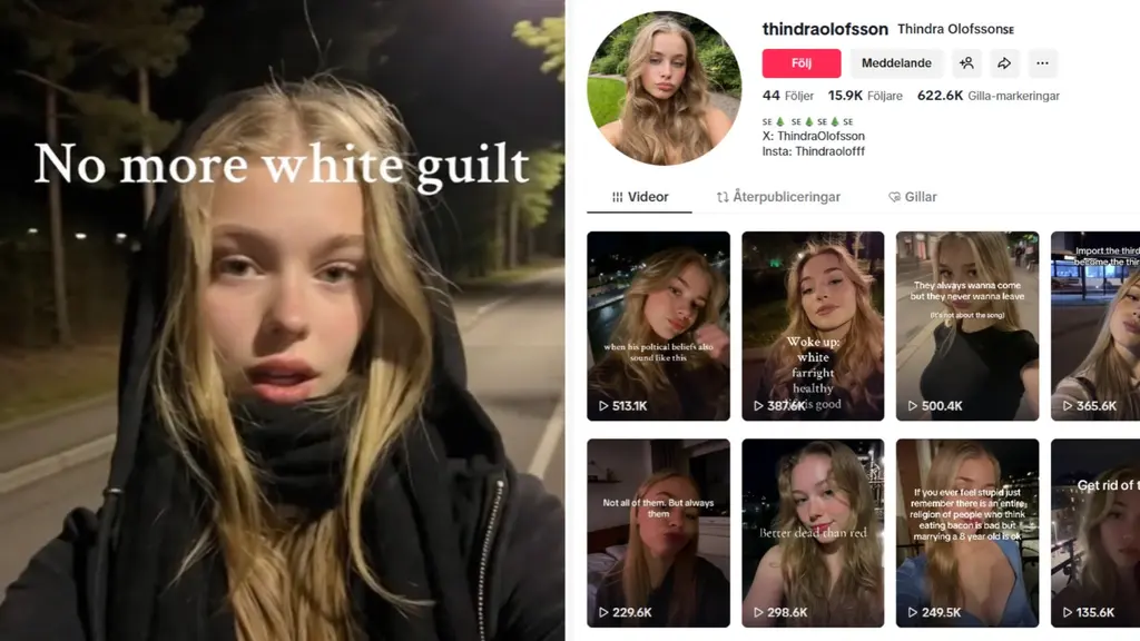 En ung tjej står utomhus på en mörk väg med träd i bakgrunden, klädd i en mörk jacka och med långt ljust hår. Texten på bilden lyder ”No more white guilt”. Till höger syns en Tiktok-profil med flera videominiatyrer.