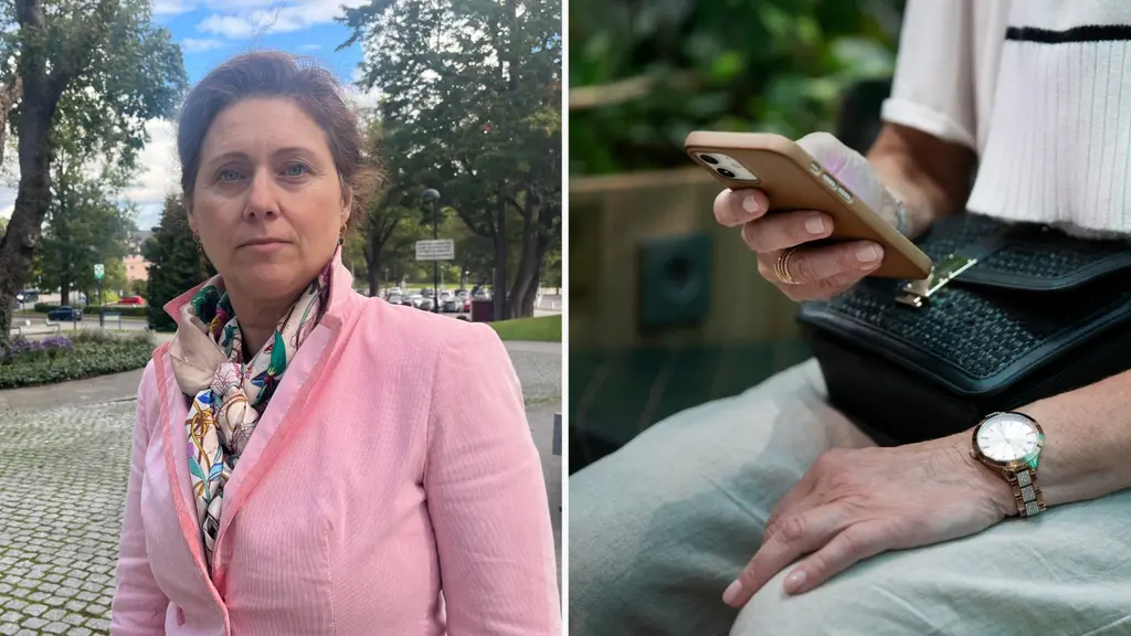 En person i rosa kavaj står utomhus på en stenlagd gång med träd i bakgrunden. Bredvid en närbild av en hand som håller en mobiltelefon, med en svart väska och en klocka på handleden.