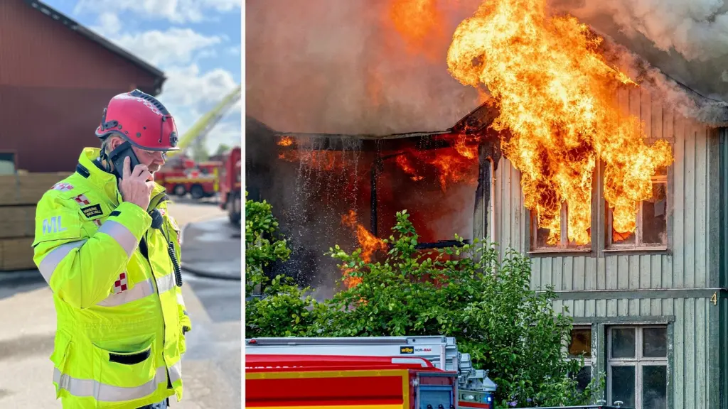 Gamla hotellet i Högsäter förstördes i brand – villa och boende utrymdes. Bilden visar räddningsledaren Magnus Lagrell, som talar i telefon, och det brinnande huset där eldslågor syns i flera fönster. 