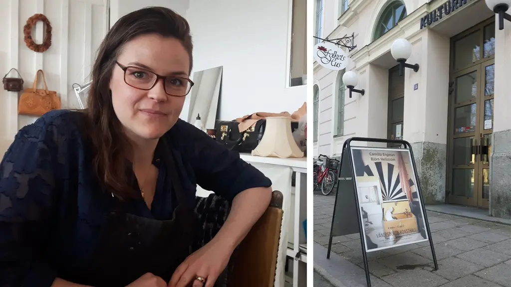 Delad bild med Sanna och entrén Vänersborgs konsthall