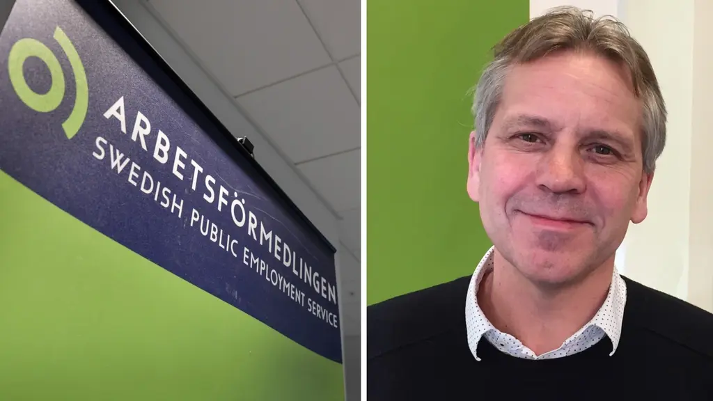 Bildmontage som visar Arbetsförmedlingens logotyp på en skylt samt Leif Johansson. 