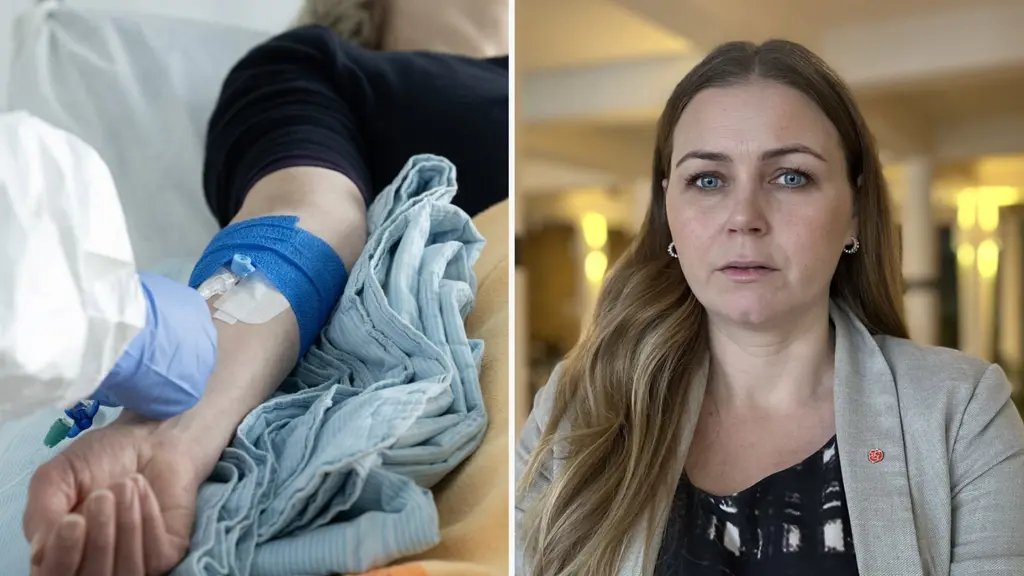 Kollage: patientarm med dropp på sjukhus och My Alnebratt (S), regionråd i Västra Götalandsregionen.