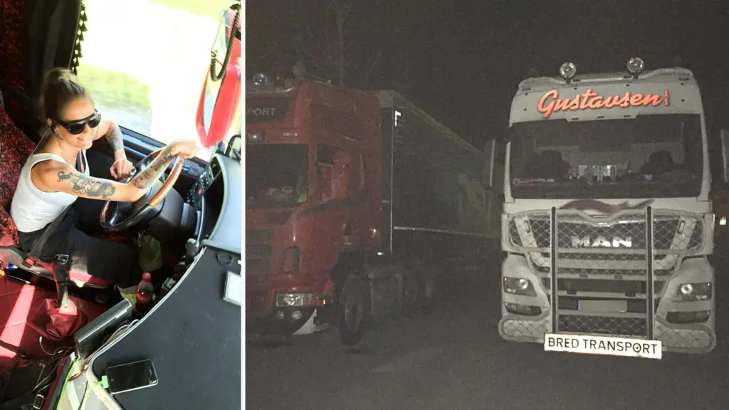 En person sitter i förarsätet på en lastbil till vänster, medan två lastbilar står parkerade i mörker till höger.