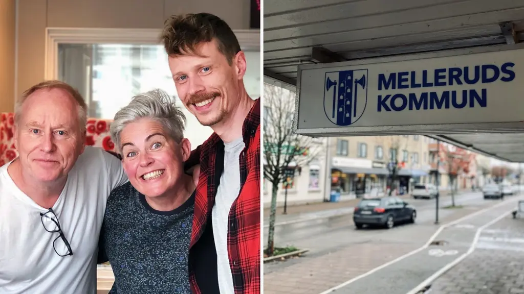 Till vänster syns tre personer som står nära varandra inomhus. Till höger visas en gata med en skylt för Melleruds kommun och byggnader i bakgrunden.