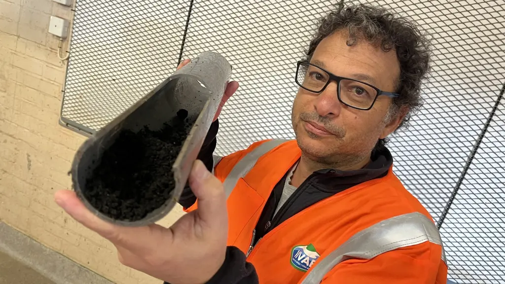 Moshe Habagil, utvecklingsingenjör på Vivab, håller upp ett rör med mörkt material i en industriell miljö. Han bär en orange varseljacka och står framför ett metallgaller.