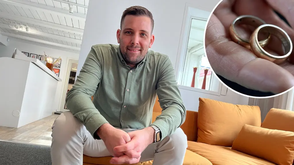 Martin Birgersson sitter i en gul soffa. Inklippt en bild av en hand som håller i två vigselringar.