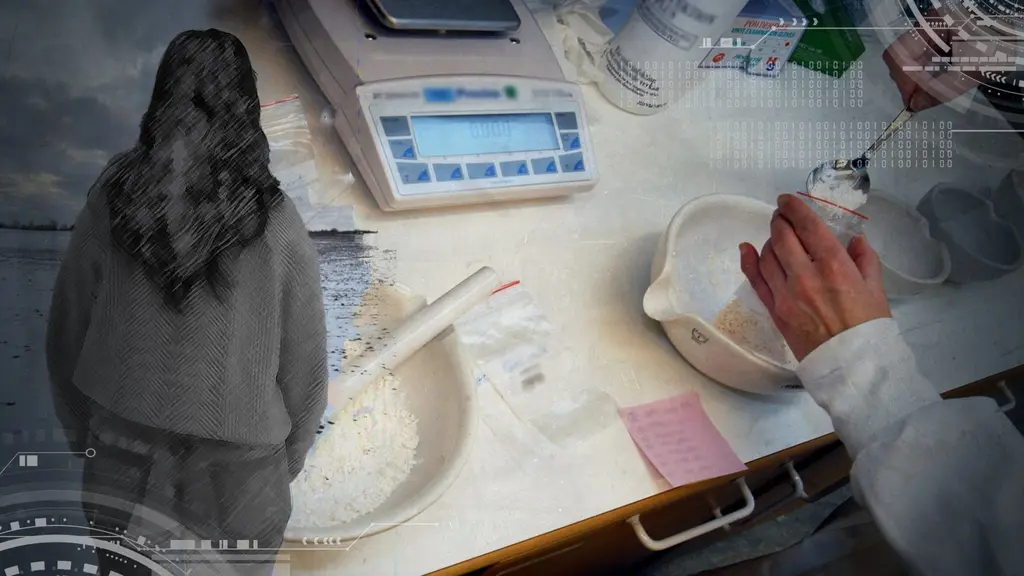 Till vänster en kvinna som står med ryggen mot kameran och tittar ut över ett snötäckt fält. Till vänster bild från ett labb där prover tas.