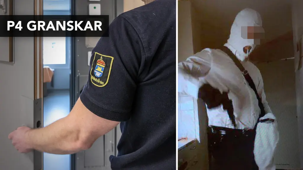 Ett bildkollage som består av två bilder. Första bilden är på en anställd på kriminalvården som öppnar en dörr; med bilden tagen bakom personen. Den andra bilden är på en person med rånarluva på huvudet och en pistol i handen.