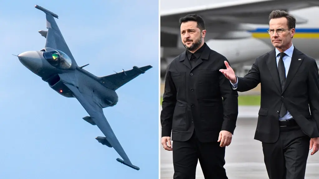 Det svenska stridsplanet Jas 39 Gripen i luften. Ukrainas president Volodymyr Zelenskyj och Sveriges statsminister Ulf Kristersson går bredvid varandra på en landningsbana.
