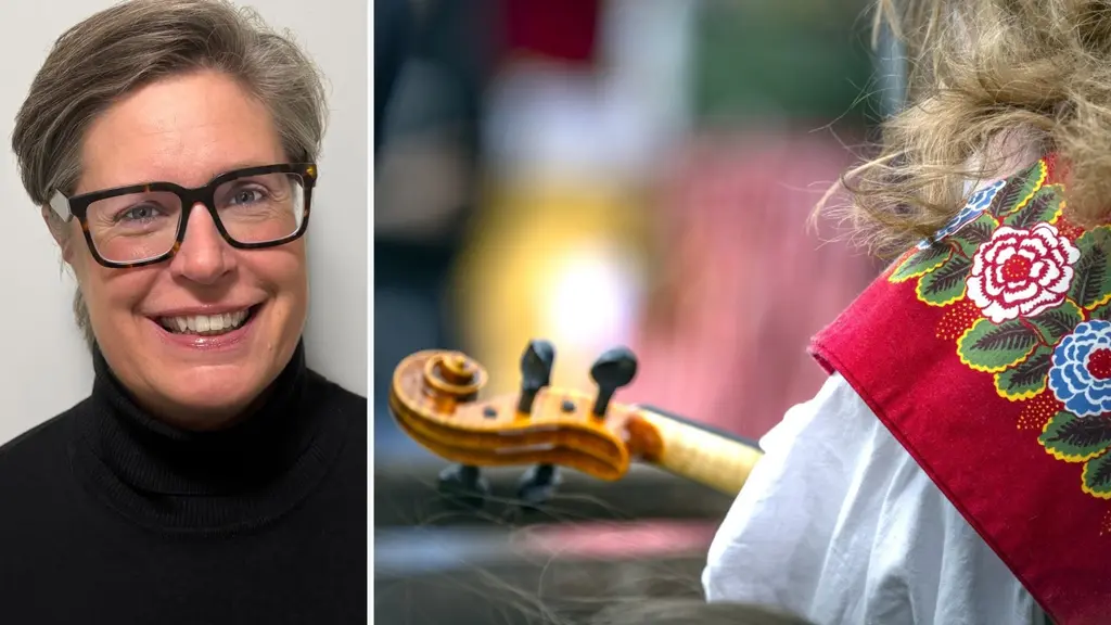 Det ena fot är en närbild på Johanna klädd i mörk polotröja. Det andra är en bild på en kvinna med lockigt hår och folkdräkt som spelar fiol.