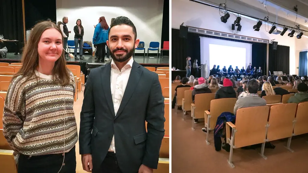 En tjej i stickad tröja och en man i kavaj i en aula, samt en till bild på gymnasieelever som sitter i en aula.