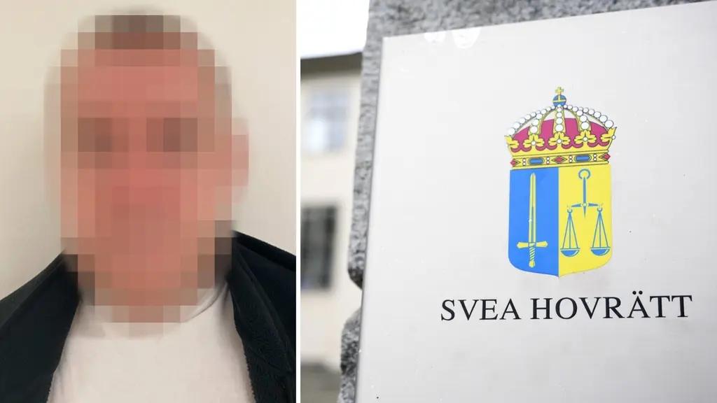 Bildmontage med två delar: till vänster en anonymiserad bild av en man i vit tröja och till höger Svea hovrätts logotyp på en skylt vid byggnaden.