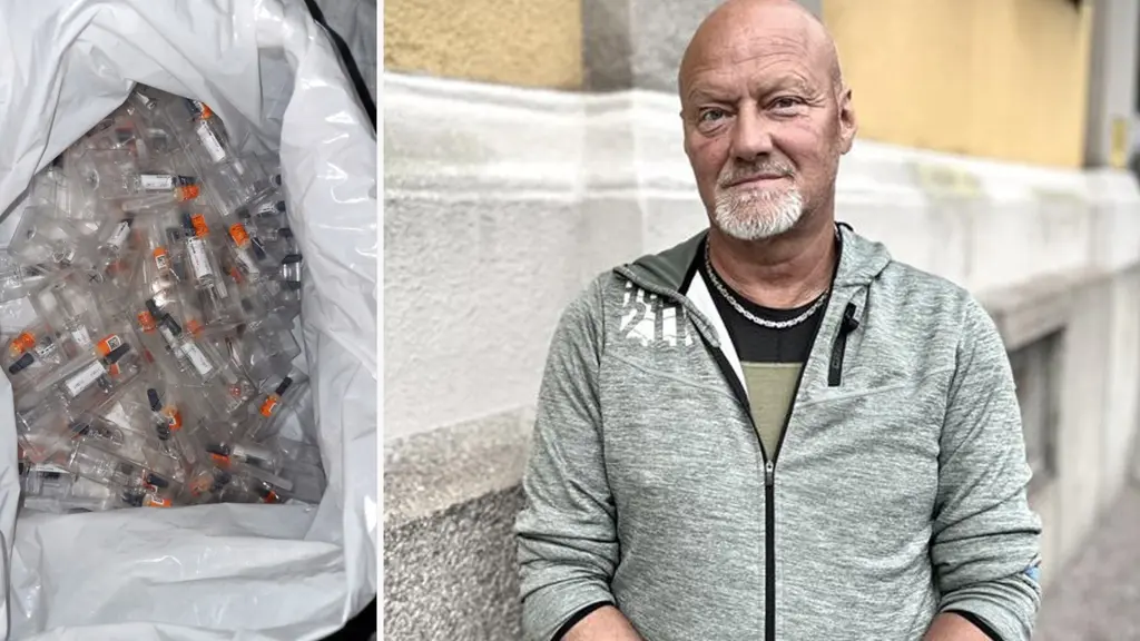 Lars Dotzsky, klädd i grå tröja, står framför en gul byggnad. Till vänster syns en påse med sprutor, kopplade till larmet om felaktig förvaring av vaccin i en vaccinbuss.
