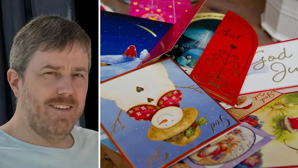 Ett collage som visar en person till vänster samt en samling färgglada julkort med olika motiv och texter, såsom "God Jul", till höger.
