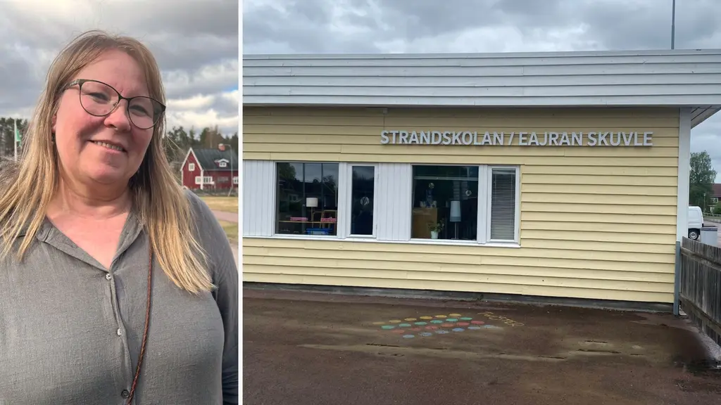Madeleine Renhuvud står utomhus framför en lantlig miljö. Bredvid syns Strandskolan på Idre, en byggnad med ljus fasad och fönster som visar skolmiljö.