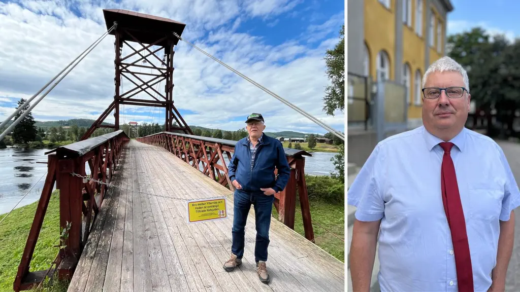 Mo Per Persson står på en träbro med avspärrning i en naturskön miljö. Socialdemokratiska kommunalrådet i Hans Unander syns framför en gul byggnad, klädd i vit skjorta och röd slips.