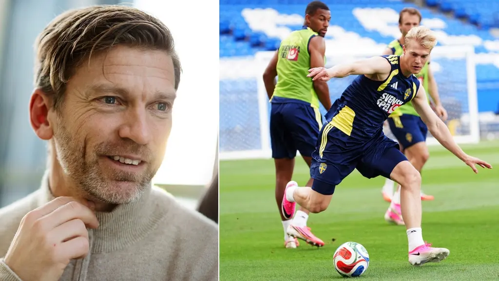 Porträtt av Jesper Blomqvist intill en bild på Lucas Bergvall under fotbollsträning, där han driver bollen på planen medan två medspelare syns i bakgrunden.