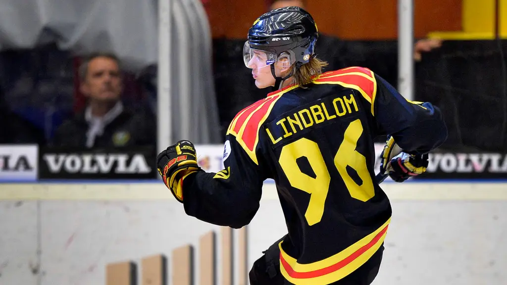 Brynäs Oskar Lindblom jublar efter 2-0. Foto: Anders Wiklund/TT