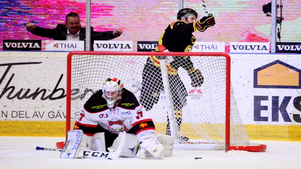 20160109 Brynäs 2-2-1-skytt Daniel Mannberg jublar bakom Jonas Gunnarsson i Malmökassen under lördagens SHL-match mellan Brynäs IF och Malmö Redhawks på Gavlerinken Arena. Foto: Mats Åstrand / TT