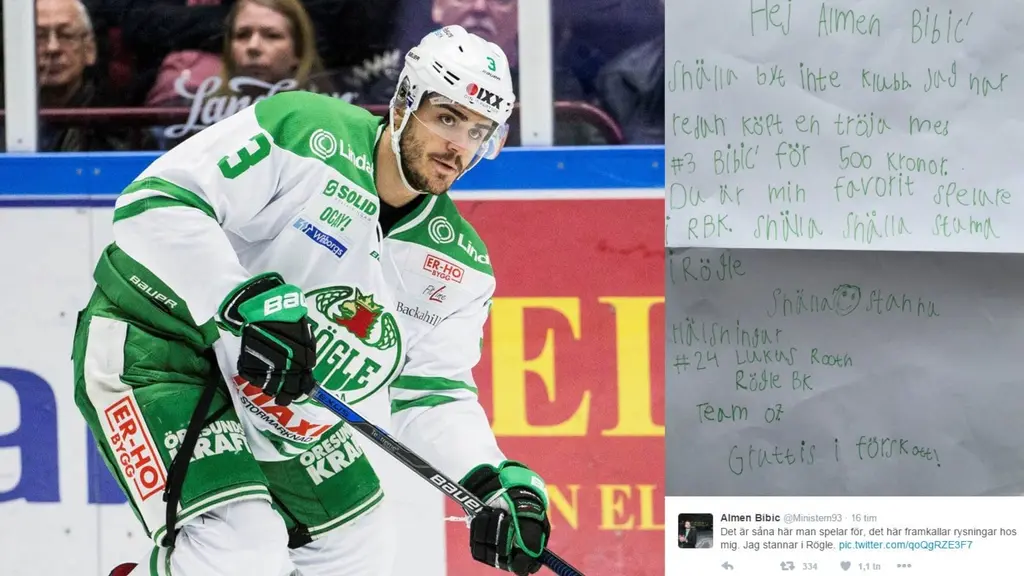 Collage: Rögles Almen Bibic och brev från supporter. Foto: TT och Twitter