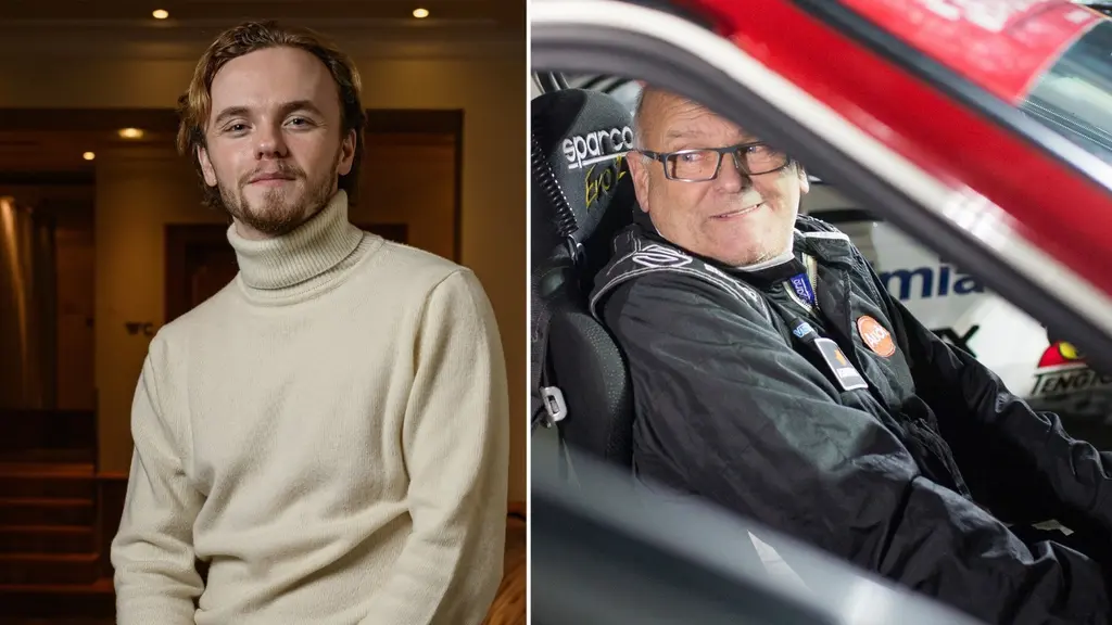 Bildmontage med två delar. Vänster sida visar en person i en ljus polotröja i en inomhusmiljö med bakgrund av trädetaljer och belysning. Höger sida visar en person i en bil, iklädd mörka kläder, med rött bilskal synligt.