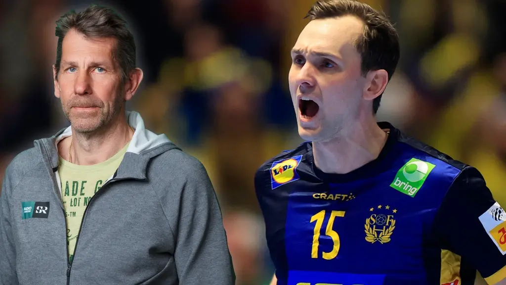Två personer står bredvid varandra, den ena klädd i grå tröja och den andra i en blå sporttröja med nummer 15 på bröstet. Bakgrunden visar en publik i en sportarena.