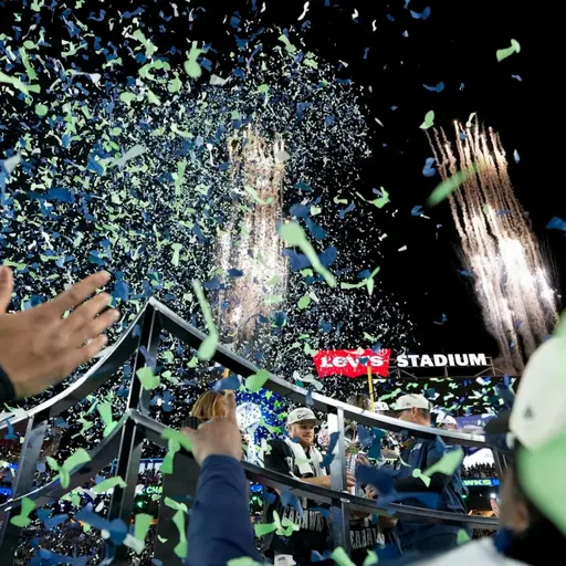 En glädjescen på en arena där konfetti regnar ner och händer sträcks upp mot luften. I bakgrunden syns stadionbelysning och en skylt med texten 'STADIUM'.