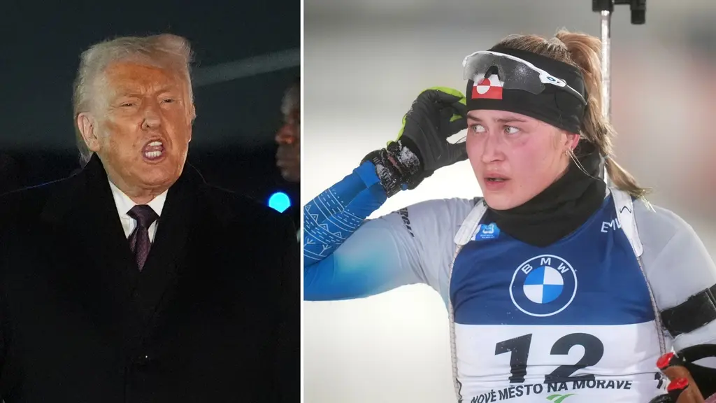 En bild uppdelad i två sektioner. Till vänster syns en person i kostym och slips mot en mörk bakgrund. Till höger syns en idrottare i skidskytteutrustning, med nummer 12 på bröstet och en gevärsrem på ryggen.