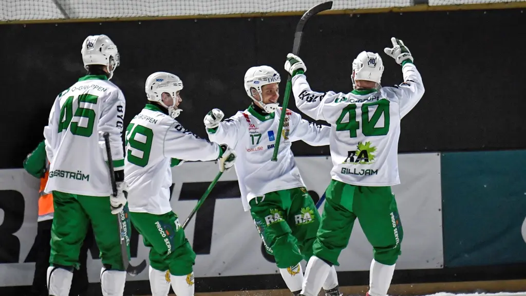 Hammarbys Robin Sundin grattas efter 1-5 målet under annnandagens bandymatch i elitserien mellan IK Tellus och Hammarby IF på Zinkensdamms IP.