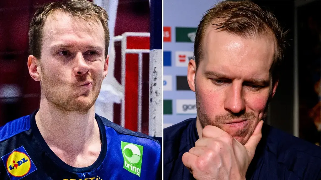 Två bilder på en person i blå sporttröja med sponsormärken, där den ena visar personen i en sportmiljö och den andra vid en intervju med en mikrofon i bakgrunden.