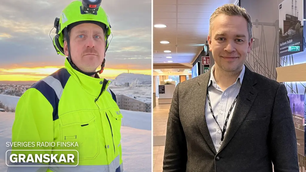 Bildmontage med två personer. Tuomo Saarensilta är klädd i gul skyddsutrustning och står utomhus i ett snöigt landskap. Jaakko Salminen är klädd i kostym och befinner sig inomhus i en kontorsmiljö. Texten 'Sveriges Radio Finska granskar' syns på bilden.