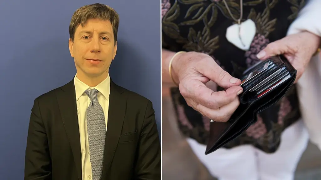 Vasemmalla Suomen elinkeinoministeri Sakari Puisto. Oikealla kuvituskuva lompakkoa pitelevistä käsistä. Kuva on yhdistelmä.