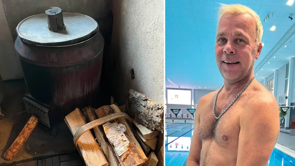 Vasemmalla kuvituskuva saunasta ja oikealla Jarkko Pesonen, joka seisoo uimahallissa.
