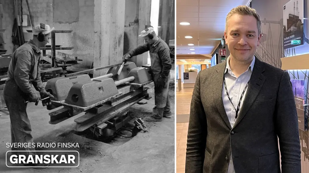 Bildmontage med två delar. Till vänster en svartvit bild av två personer som arbetar vid en maskin i en industrimiljö. Till höger står Jaakko Salminen i modern miljö, klädd i kavaj och skjorta. Texten 'Sveriges Radio Finska granskar' syns.