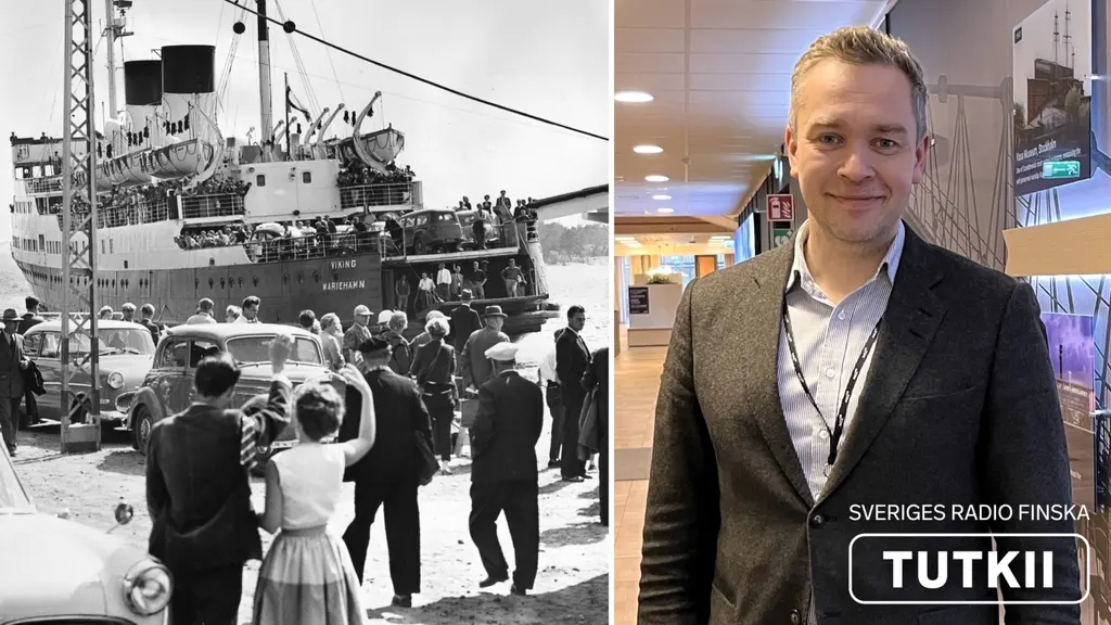 Vasemmalla vanha, mustavalkoinen kuva suomenlaivasta Maarianhaminassa. Oikealla Jaakko Salminen, joka on NCC-yhtiössä töissä ja on talousjohtaja. Hän seisoo yhtiön pääkonttorissa.