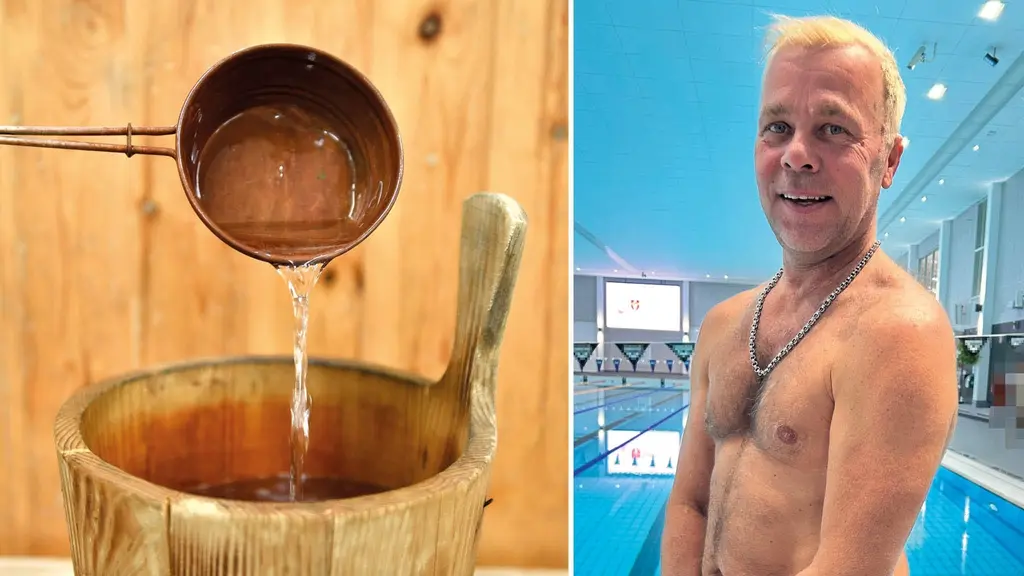 En bild som visar en bastu med en kopparskopa som häller vatten i en träbalja till vänster och Jarkko Pesonen med blont hår vid en inomhuspool på Burlövs badhus till höger. 