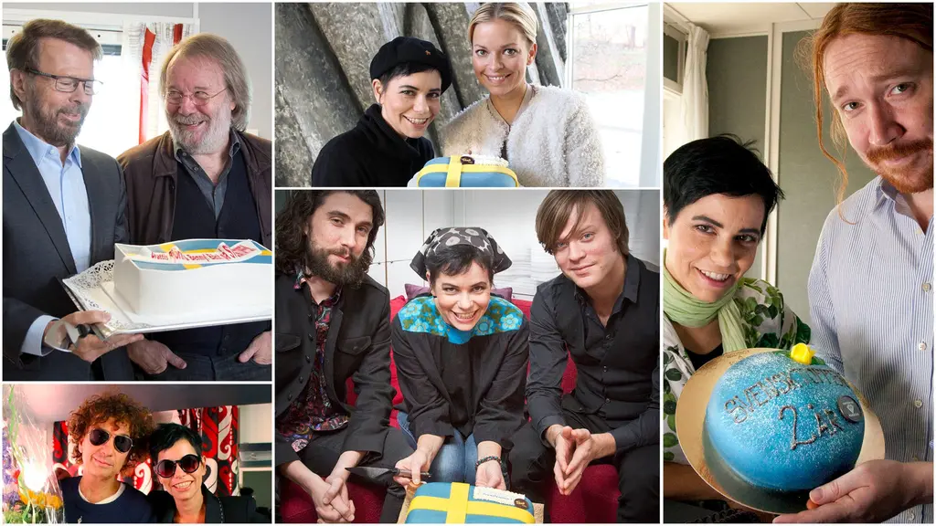 Björn Ulvaeus och Benny Andersson, Petra Marklund - September, Lars Winnerbäck, Magnus Uggla, Carolina Norén, Björn Dixgård och Gustaf Norén i Mando Diao. Foto: Micke Grönberg och Ronnie Ritterland samt Mattias Ahlm / Sveriges Radio