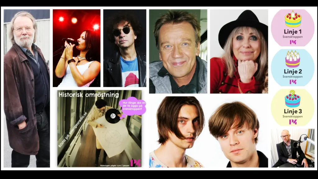 Benny Andersson, Magnus Uggla, Björn Skifs, Marie Bergman, Björn Dixgård och Gustaf Norén i Mando Diao, Svensktoppens programledare Carolina Norén och Tomas Andersson Wij. Foto: Benjamin Thorén, Stina Gullander, Kajsa Lindh, Ronnie Ritterland, Mattias Ahlm / Sveriges Radio