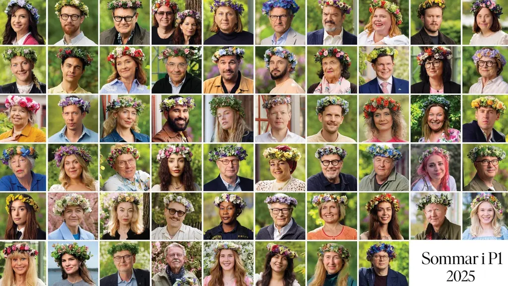 Kollage av Sommarpratare 2025 med 59 personer iförda blomsterkransar, mot bakgrund av grönska. 