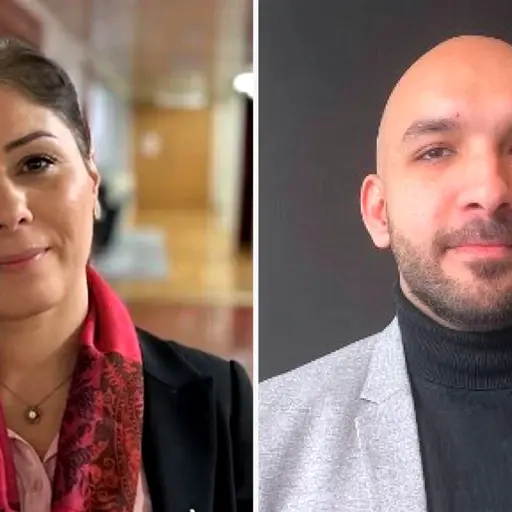 två Malmö politiker i närbild.  Socialdemokratiska kommunalrådet Amani Loubani. mörkhörig kvinna men röd scarf och Vänsterpartiets Marek Lakatos. skallig man med muschtasch och kort skägg