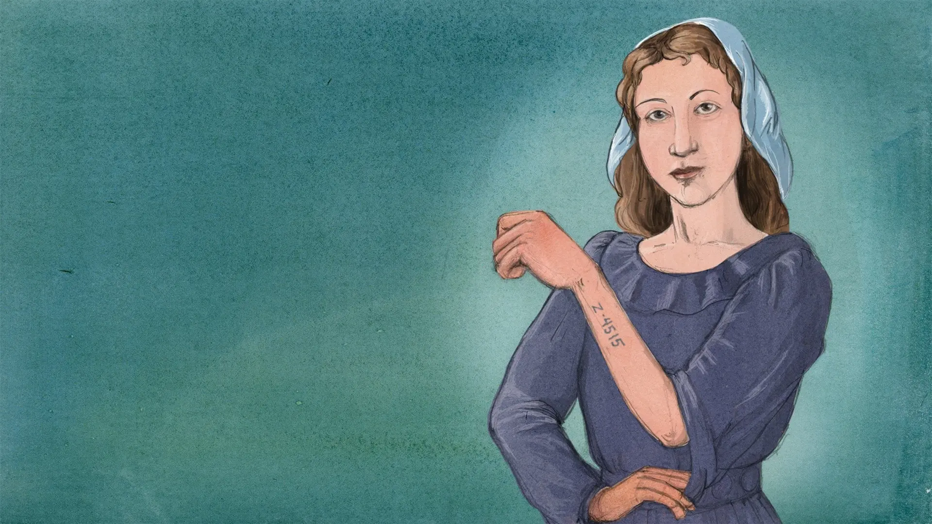 Teckning av en kvinna mot grön bakgrund, klädd i blå långärmad klänning och ljusblå scarf. Hon visar sin vänstra arm med tatueringen Z-4515. Program: Historierummet på finska, avsnitt: Sofia Brzezinska: Flickan som överlevde koncentrationslägren.