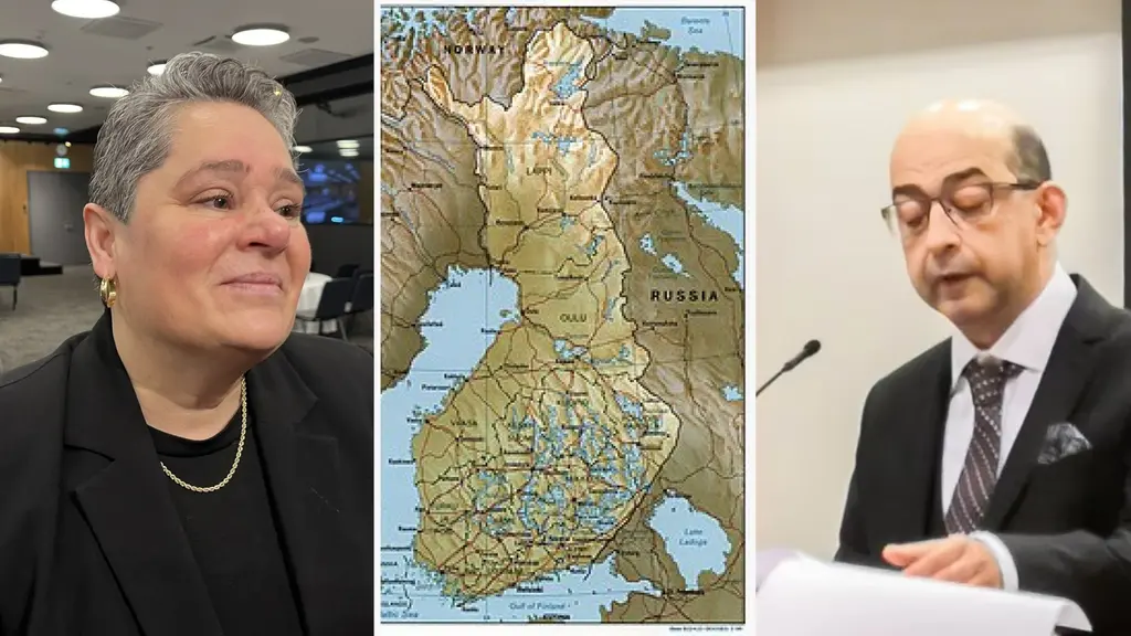 tre delat bild. Janette Grönfors, generalsekreterare Delegationen romska ärenden i Finland, närbild korthårig medelåldrs kvinna i närbild, Finlands karta  och Marko Stenroos, romsk  fisk forskare, närbild, skallig, glasögon, håller föreläsning klätt i kostym